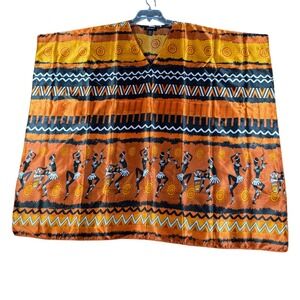 Ashro One Size‎ Fits Most Kaftan Dress Orange Black African Dancers Print